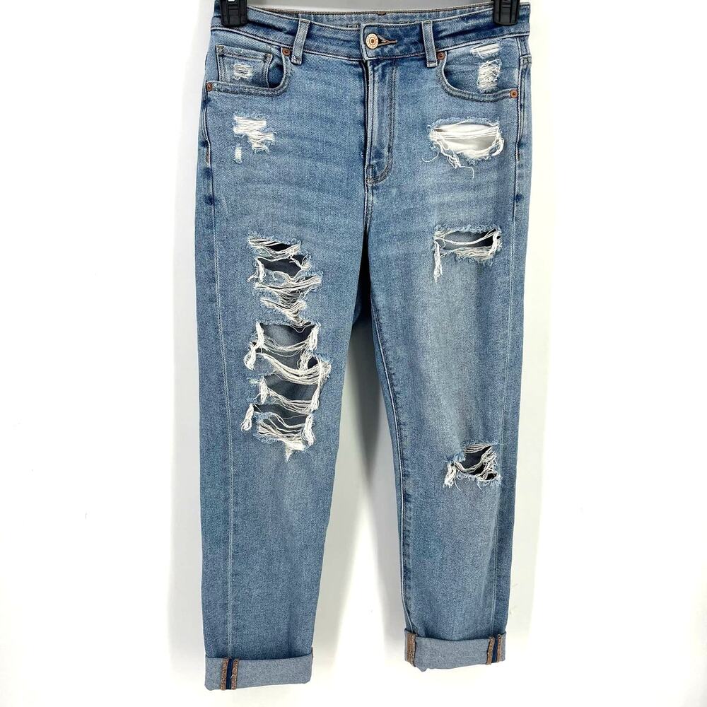 American Eagle Outfitters Mom Jeans Womens Size 0 Roll Up Cuff Distressed Frayed